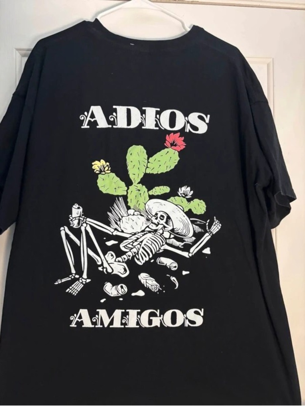 Adios Amigos Black Graphic Polo-Style Tee with Cactus Skeleton Print